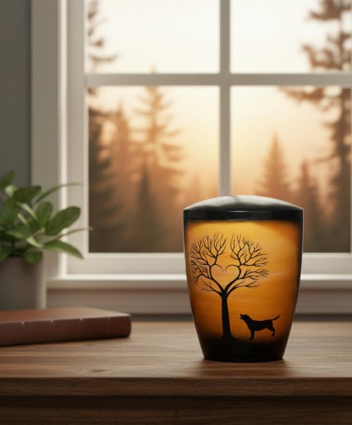 Amber pet urn with dog and tree whose branches form a heart. A warm, dignified keepsake for your beloved darling. Honour your pet's memory beautifully – see the options and order.